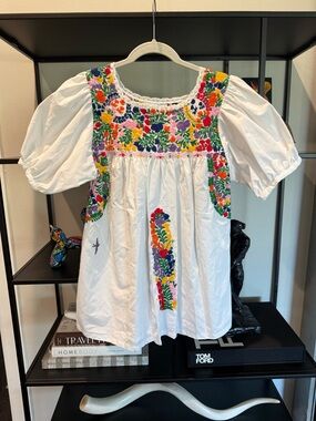 Mi Golondrina White Blouse with Multicolor Floral Embroidery
